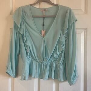 NWT BCBGENERATION RUFFLE RAYON BLOUSE LIGHT BLUE Sz medium